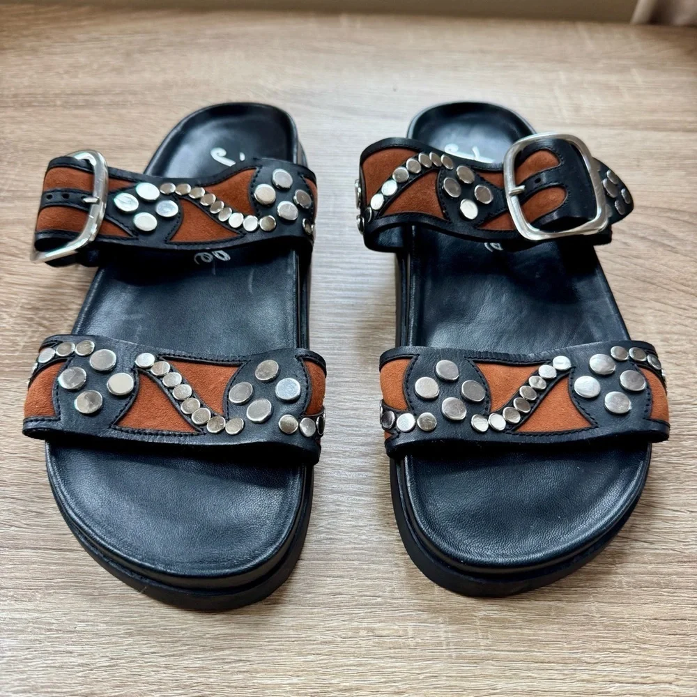 New Free People Revelry Studded Leather Buckle Sandals Black Size 8